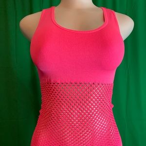 Highlighter pink netted back shirt / cover up